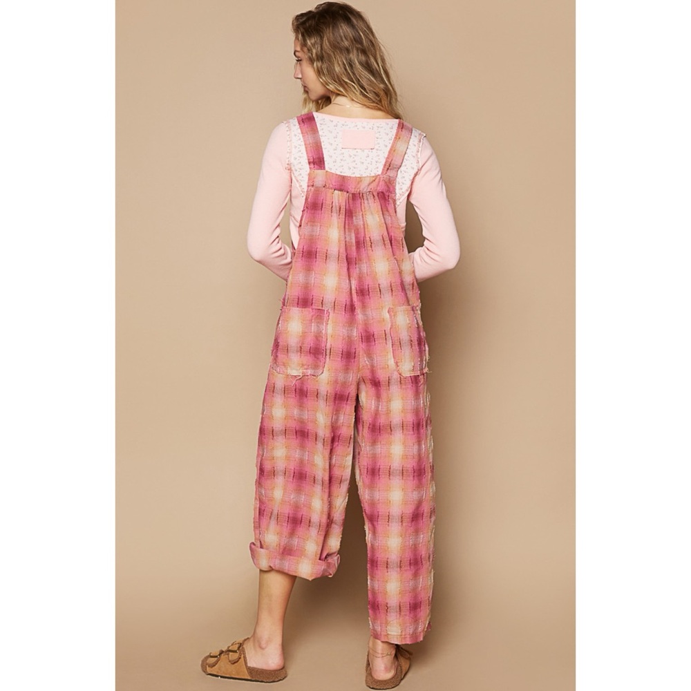 POL Red Pink Washed Cotton Plaid Overalls - Picture 6 of 7